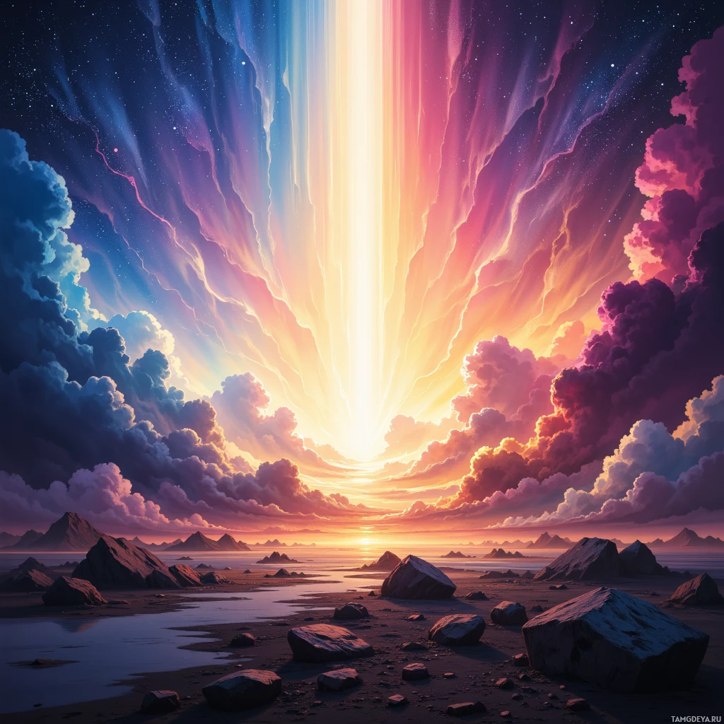 A vibrant sunset scene with colorful clouds and a glowing horizon over a rocky landscape.