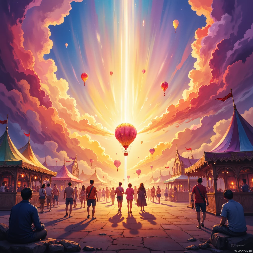 A vibrant festival scene with hot air balloons and people enjoying the colorful sky.
