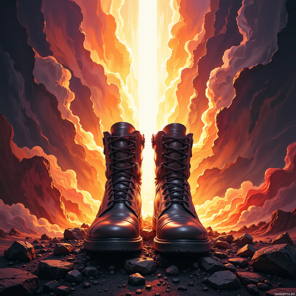 A pair of rugged boots stands on rocky terrain against a dramatic sky with fiery hues.