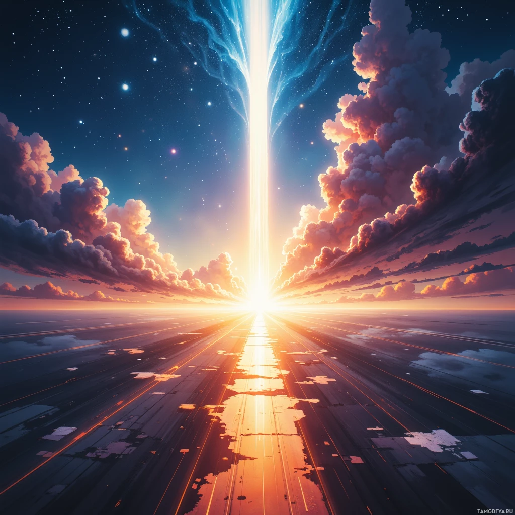 A vibrant sunset with a radiant light beam piercing through the clouds and stars.