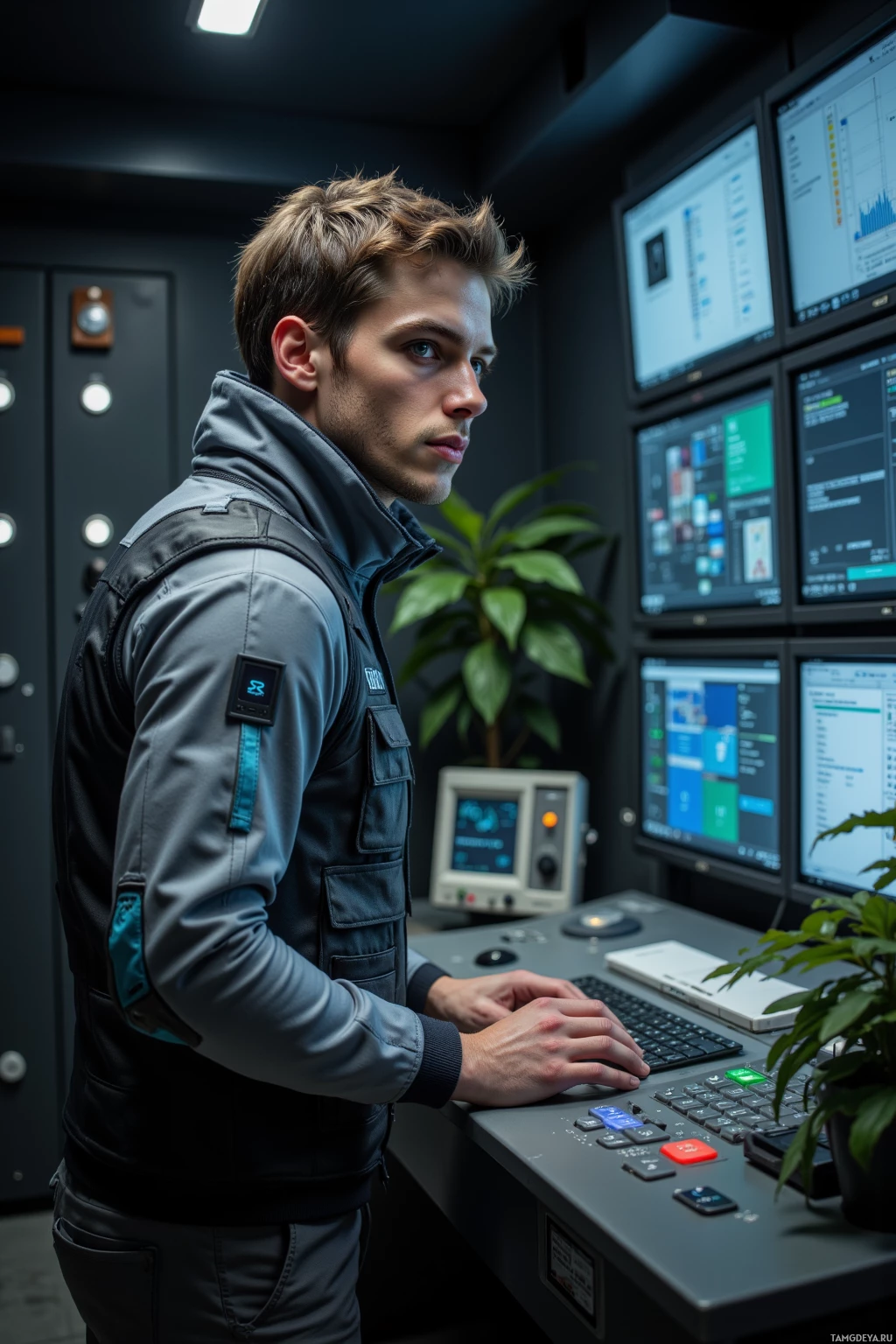 A person in a control room with multiple monitors and a keyboard.