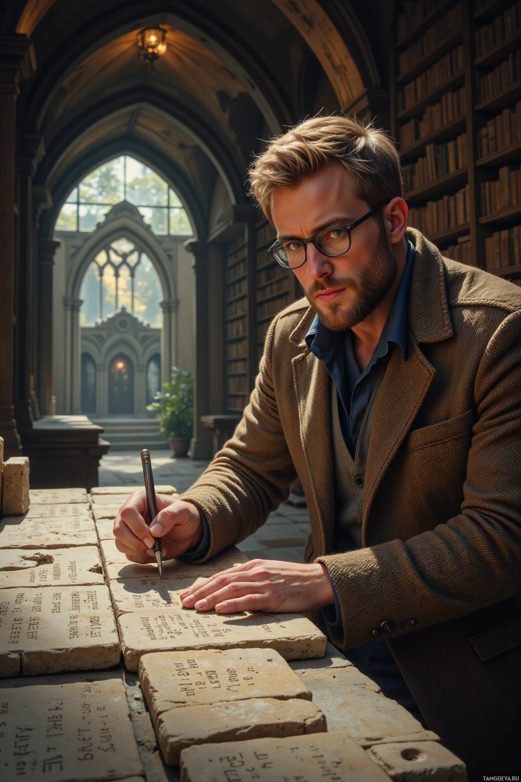 A man in a library setting, writing on stone tablets.
