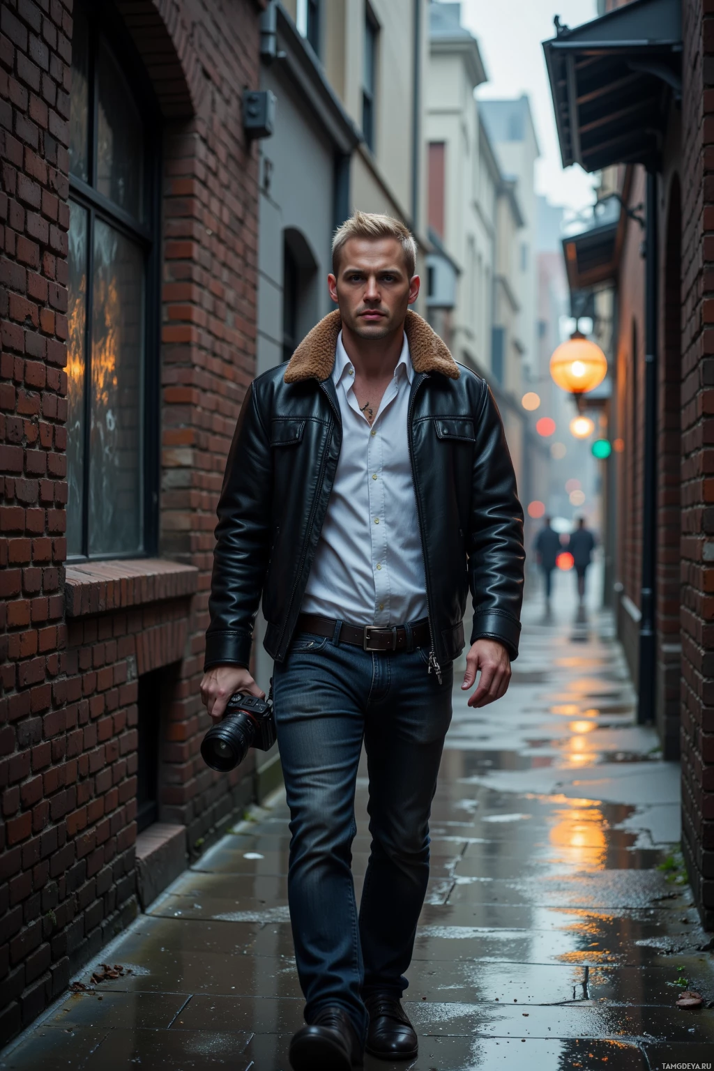 A man in a leather jacket and jeans walks down a wet alleyway holding a camera.