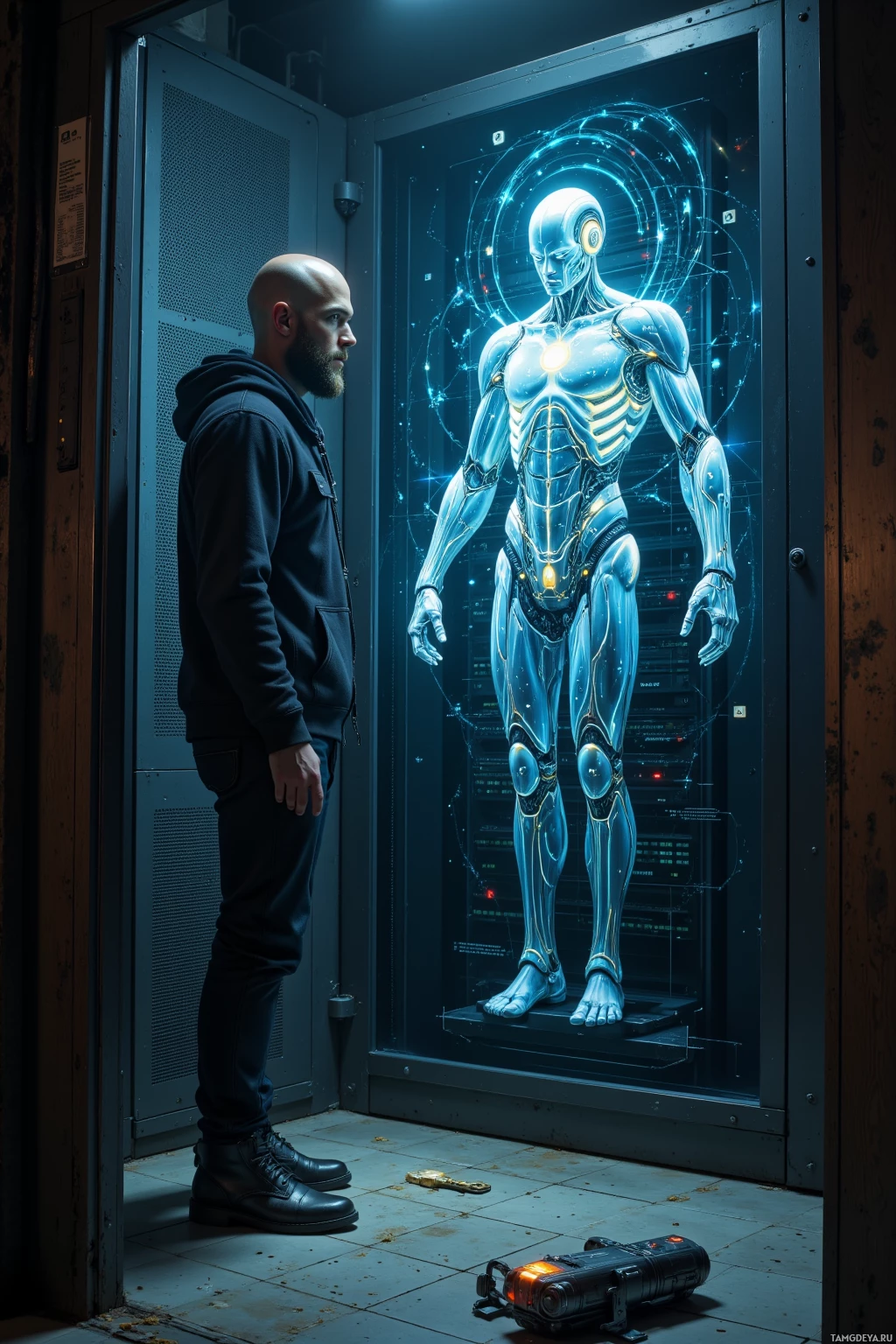 A man stands in a dimly lit room, observing a glowing, futuristic humanoid figure encased in a glass display.