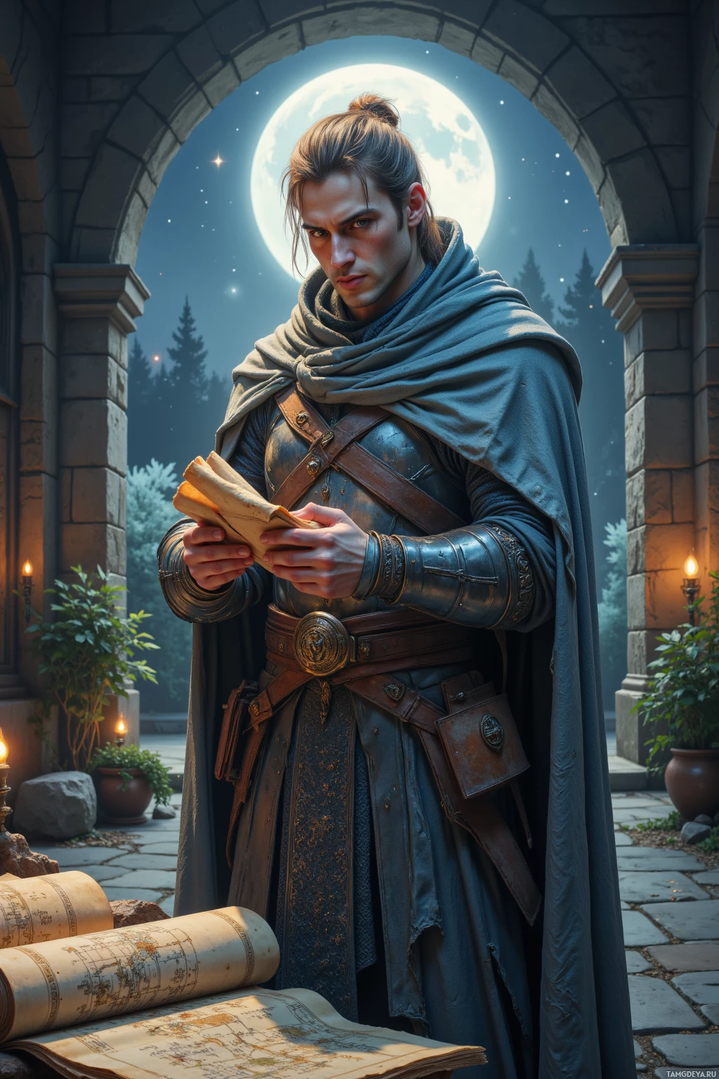A man in medieval attire stands under an archway, holding a map, with a full moon and stars in the background.