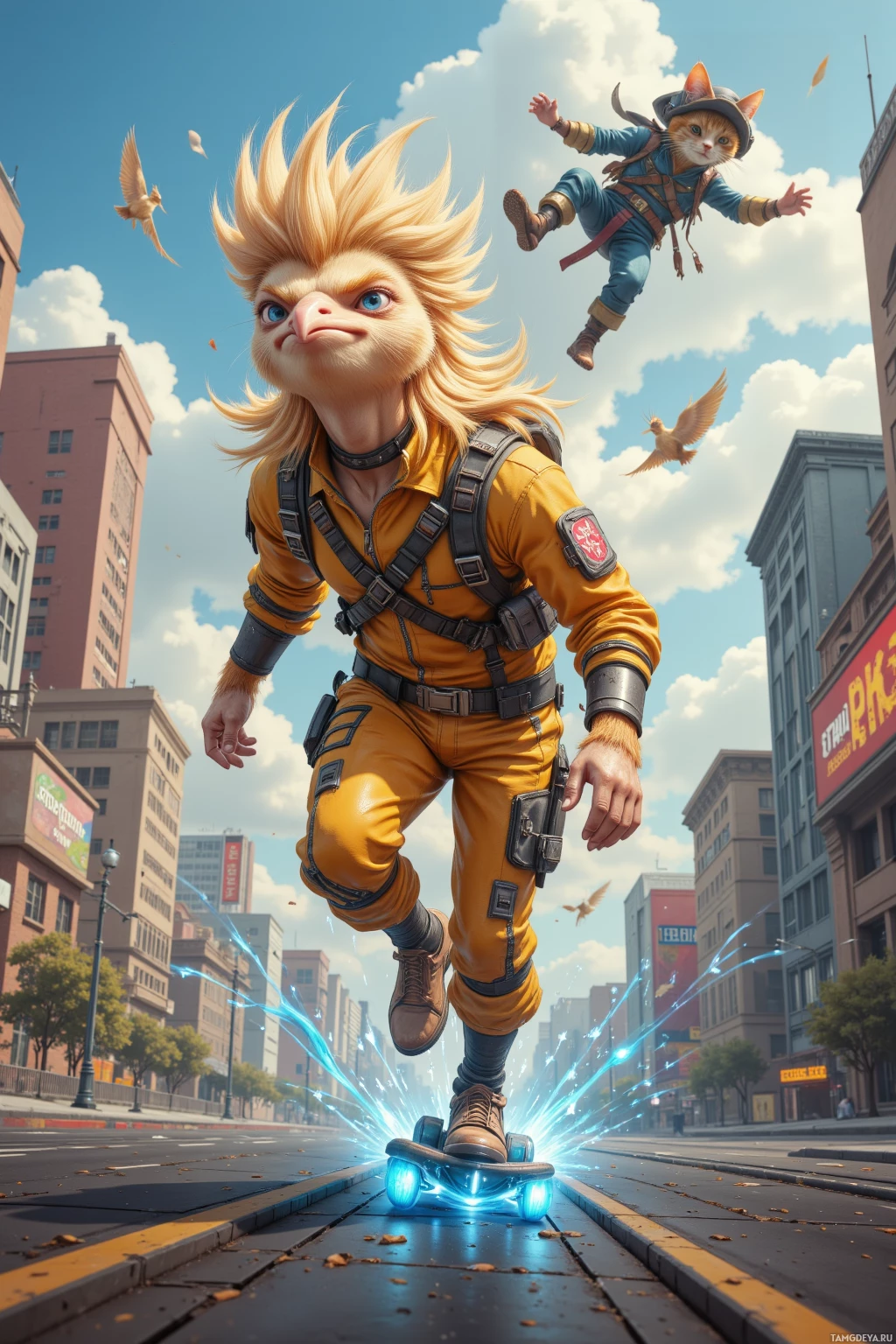 A character with spiky blonde hair rides a glowing hoverboard in a cityscape.