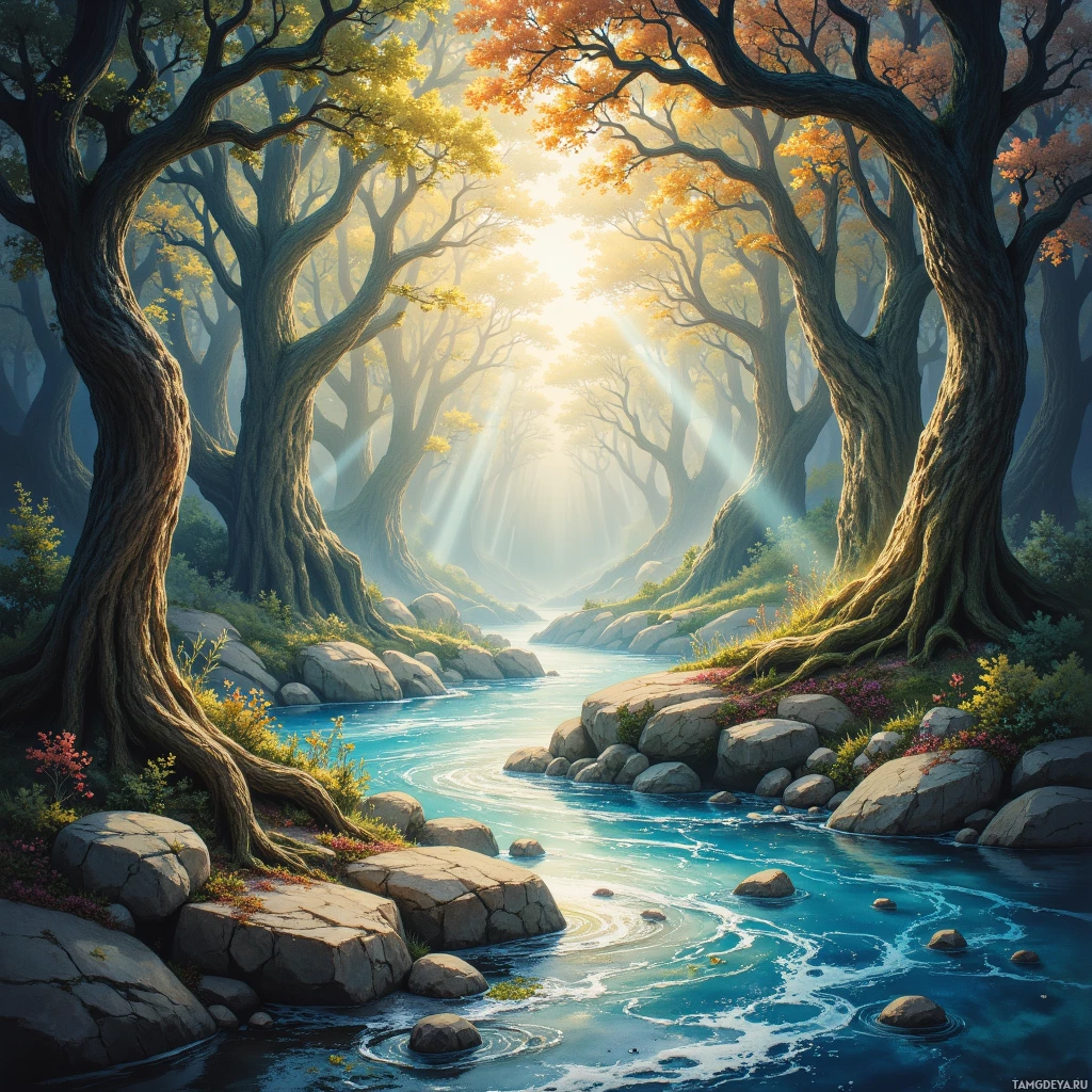 A serene forest scene with a river flowing through, bathed in golden sunlight filtering through the trees.