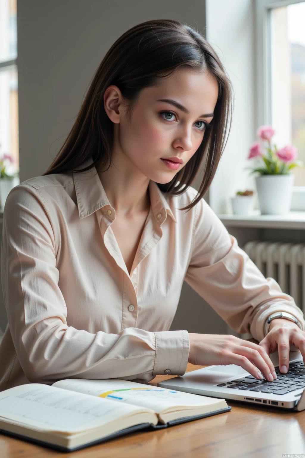 A woman in a light-colored shirt is working at a desk with a laptop and an open book.
