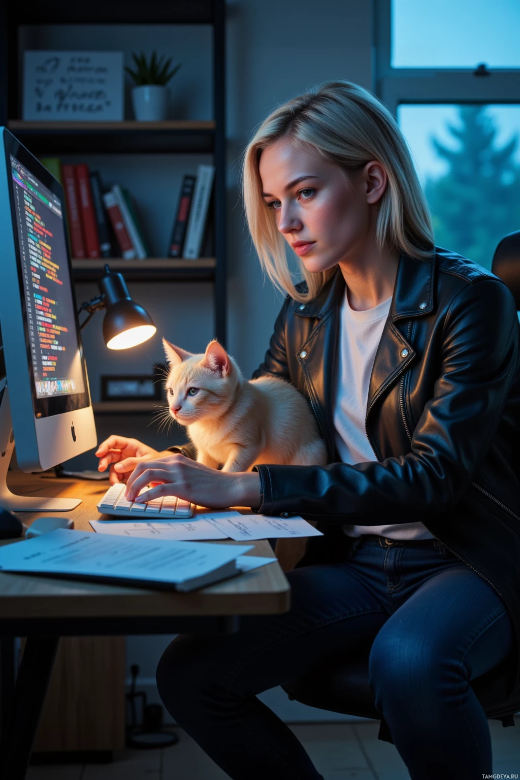 A person works at a desk with a computer, accompanied by a cat.