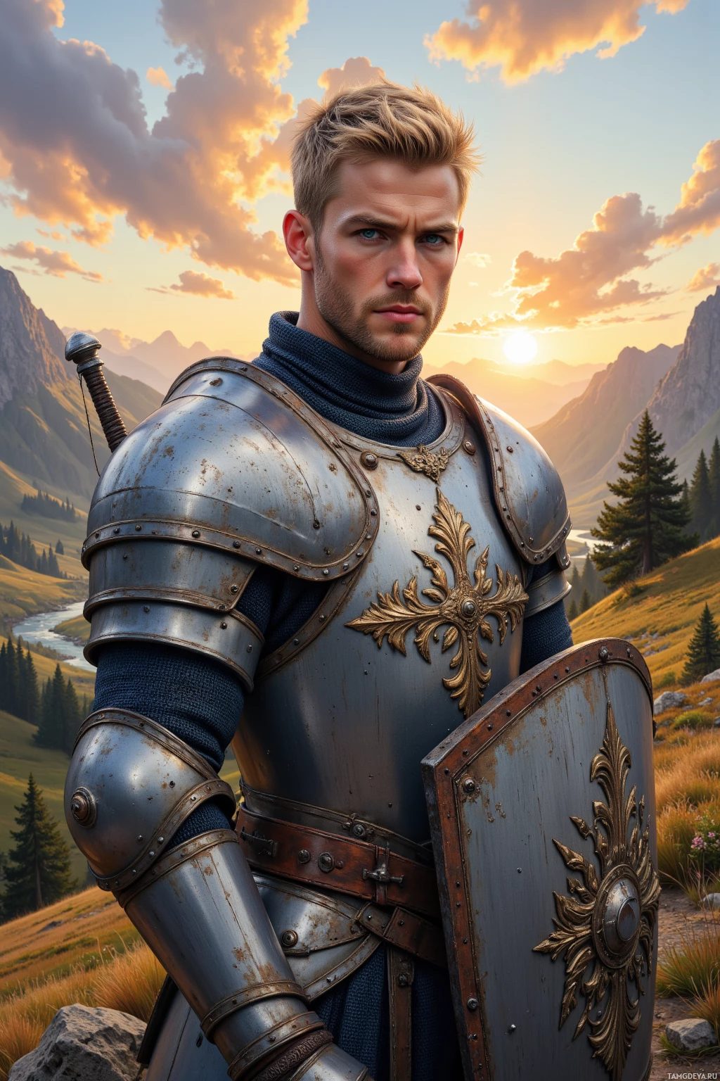 A knight in armor stands in a scenic mountain landscape at sunset.