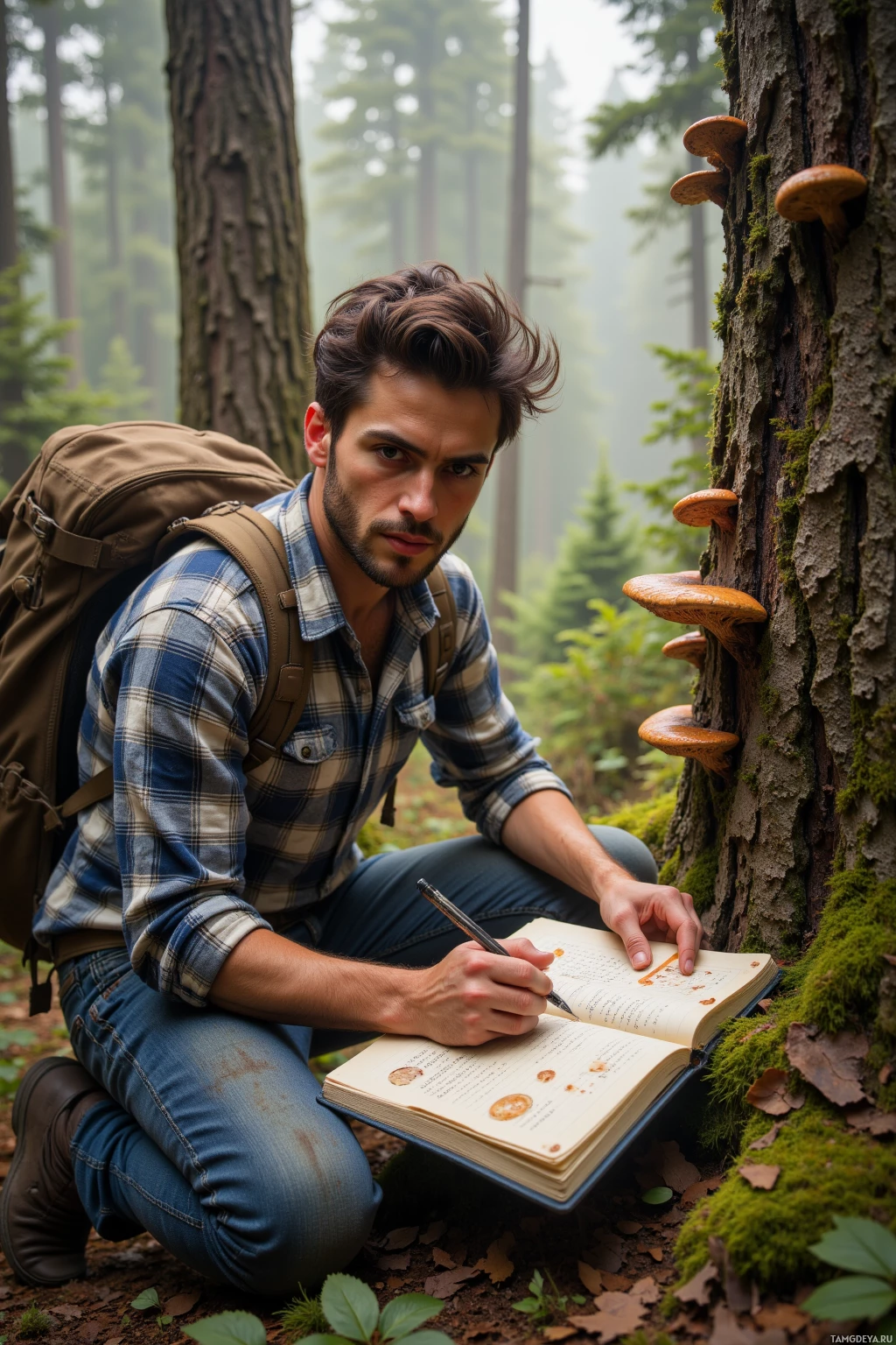 A man kneels in a forest, writing in a notebook.