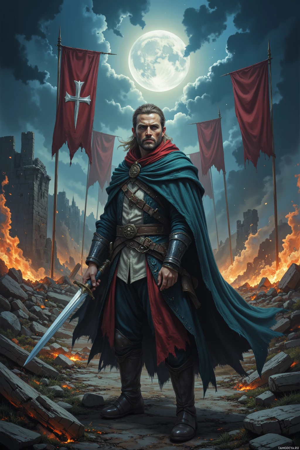 A knight in armor stands in front of a fiery battlefield under a full moon.