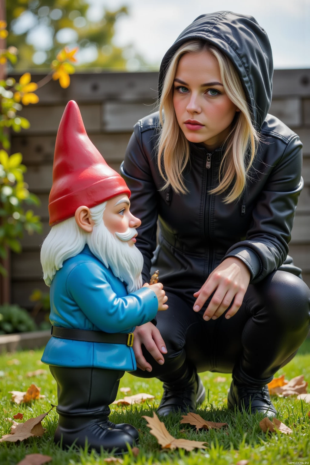A woman in a black jacket kneels beside a garden gnome on grass.