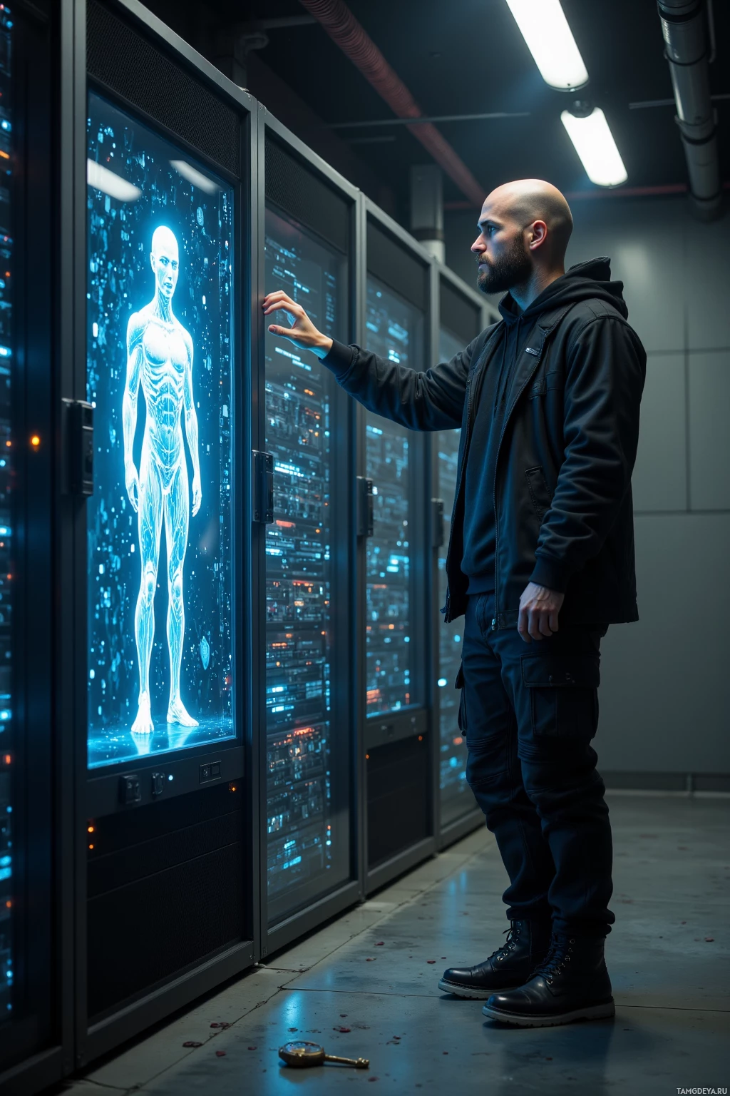 A man stands in a server room, interacting with a glowing display showing a human figure.