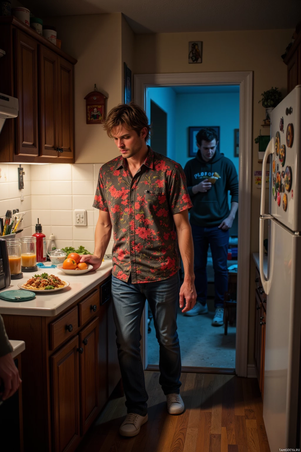 A man in a floral shirt stands in a kitchen, looking down at a plate of food.