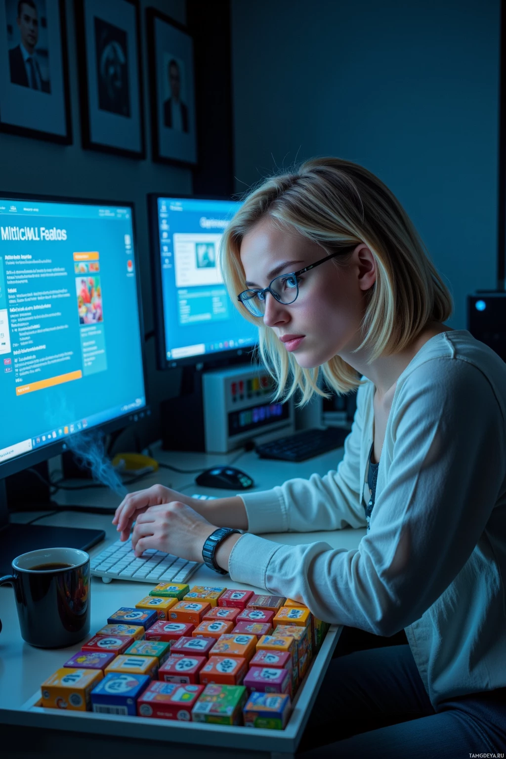 A person is working at a desk with two computer monitors, a keyboard, and a mug of coffee.