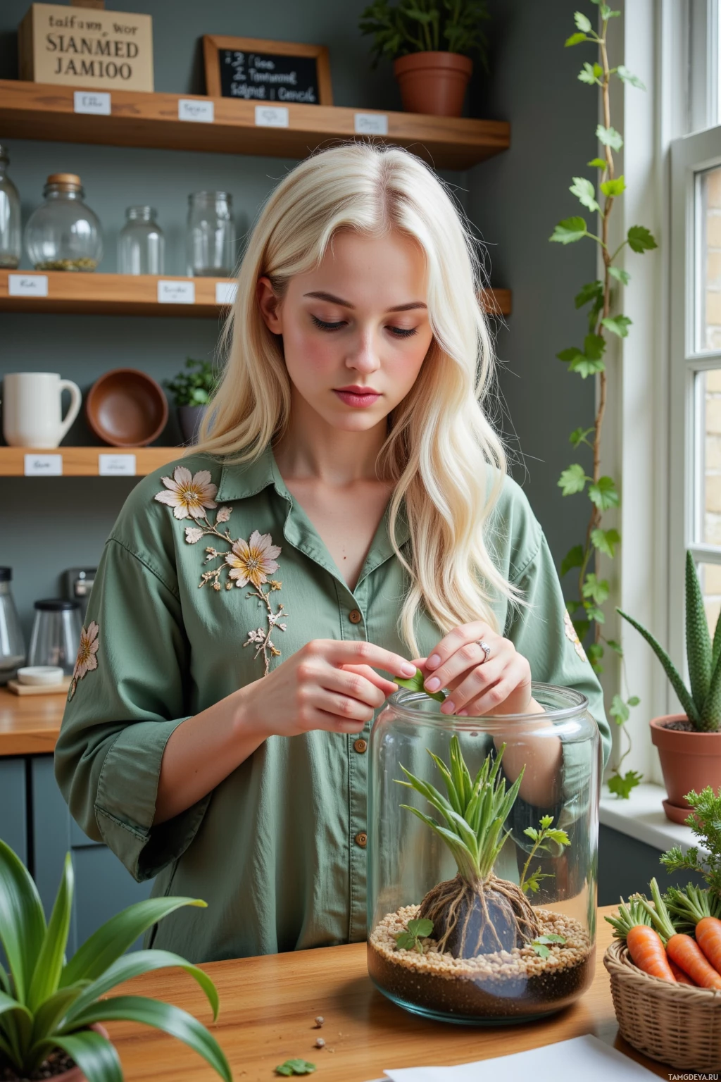 A person in a green shirt is arranging plants in a glass terrarium.