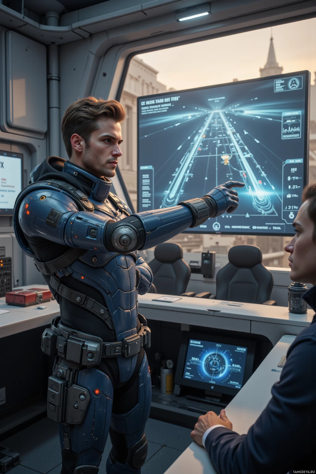 A person in futuristic armor stands in a high-tech control room, pointing at a large screen displaying a navigation interface.