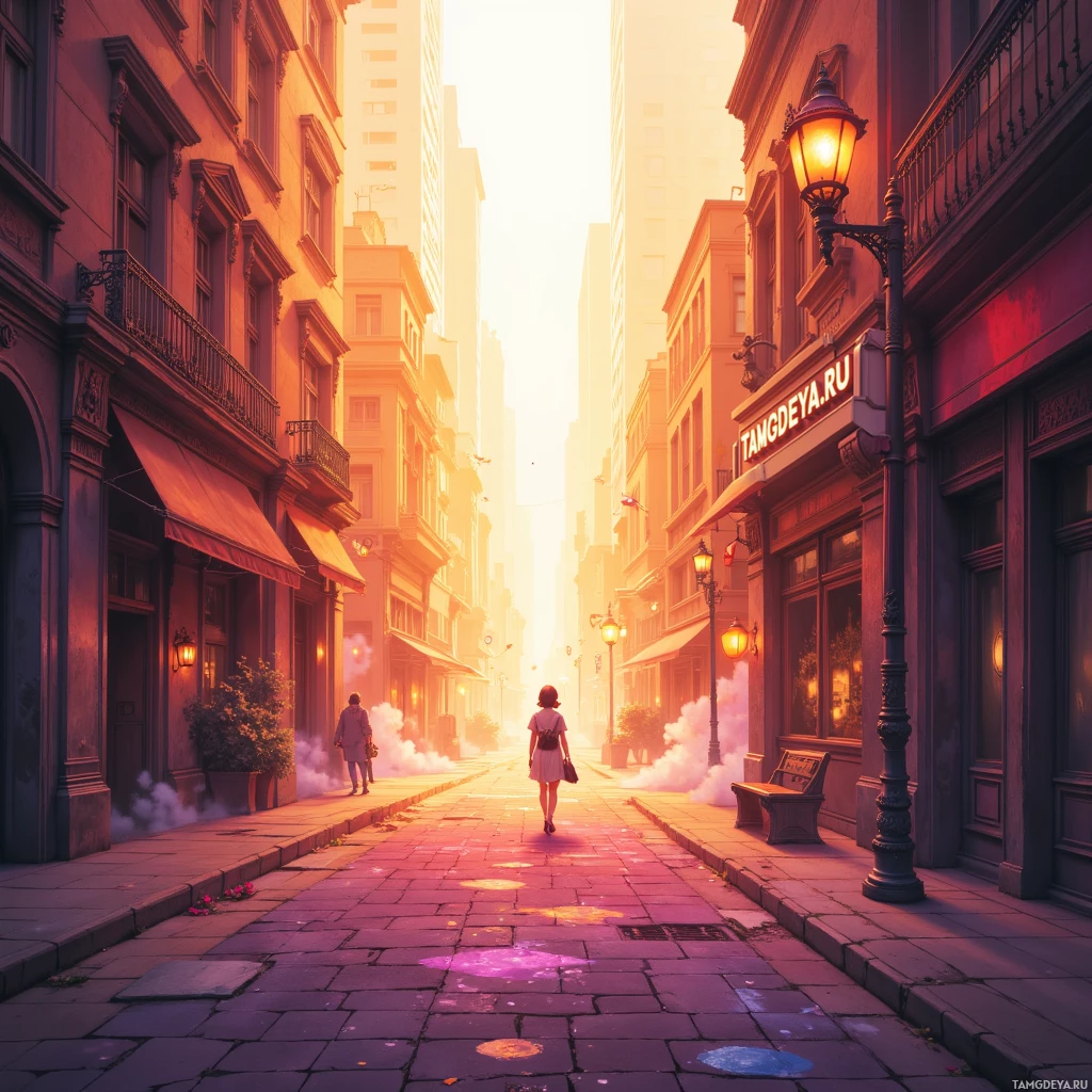 A woman walks down a sunlit, narrow city street lined with tall buildings and vintage street lamps.