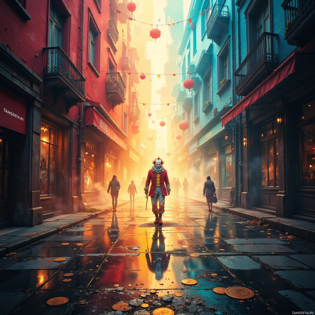 A clown walks down a narrow, colorful street lined with shops and lanterns.