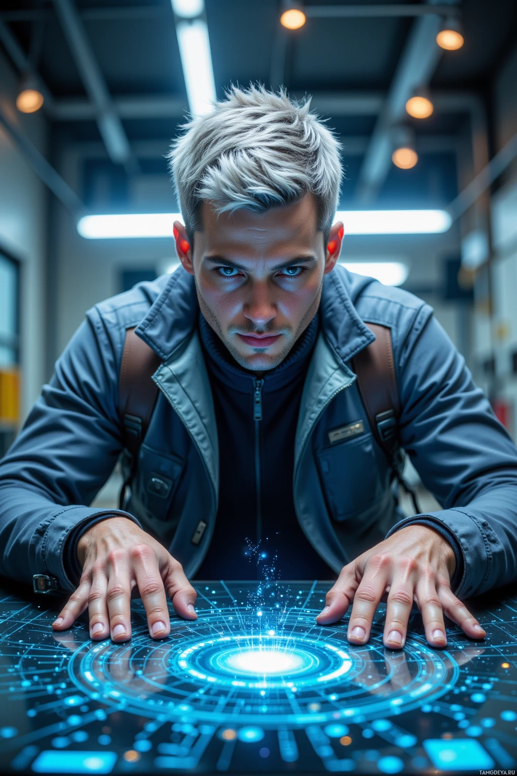 A person with short, light-colored hair leans forward, hands resting on a glowing, futuristic interface.