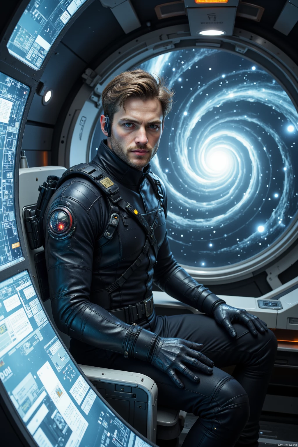 A person in a futuristic space suit sits inside a spacecraft, with a swirling galaxy visible through the window.
