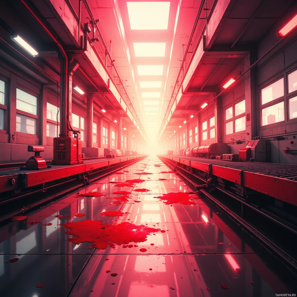 A red-lit industrial corridor with machinery and puddles on the floor.