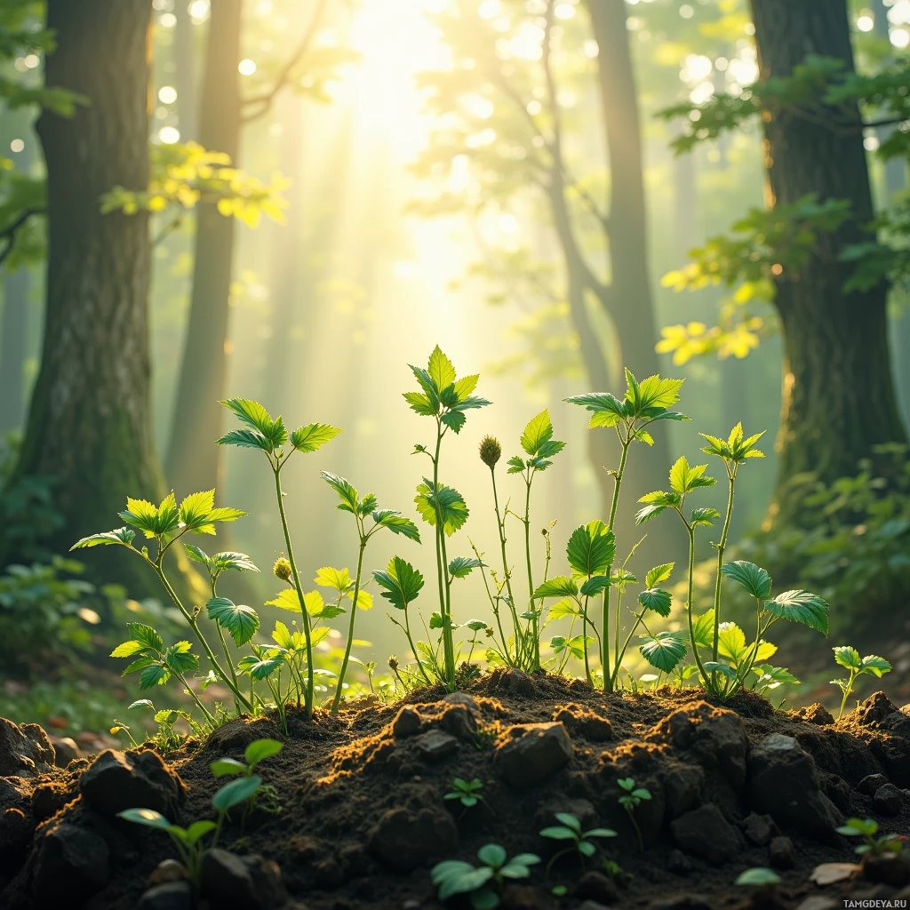 A serene forest scene with sunlight filtering through the trees, illuminating young green plants growing in the soil.
