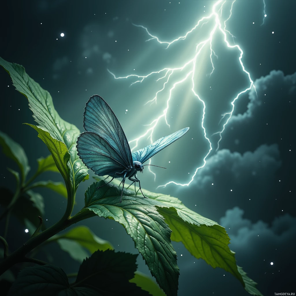 A butterfly perches on a leaf against a backdrop of lightning and stars.
