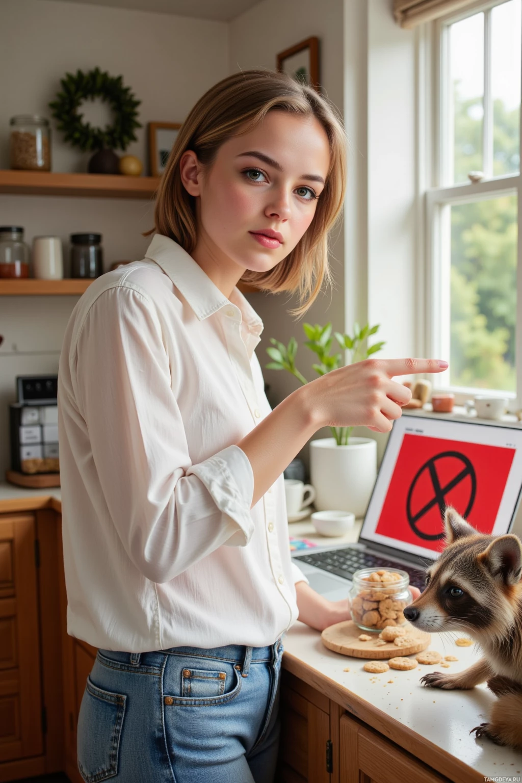 A woman in a white shirt points at a laptop screen with a peace symbol while a raccoon sits on the counter nearby.