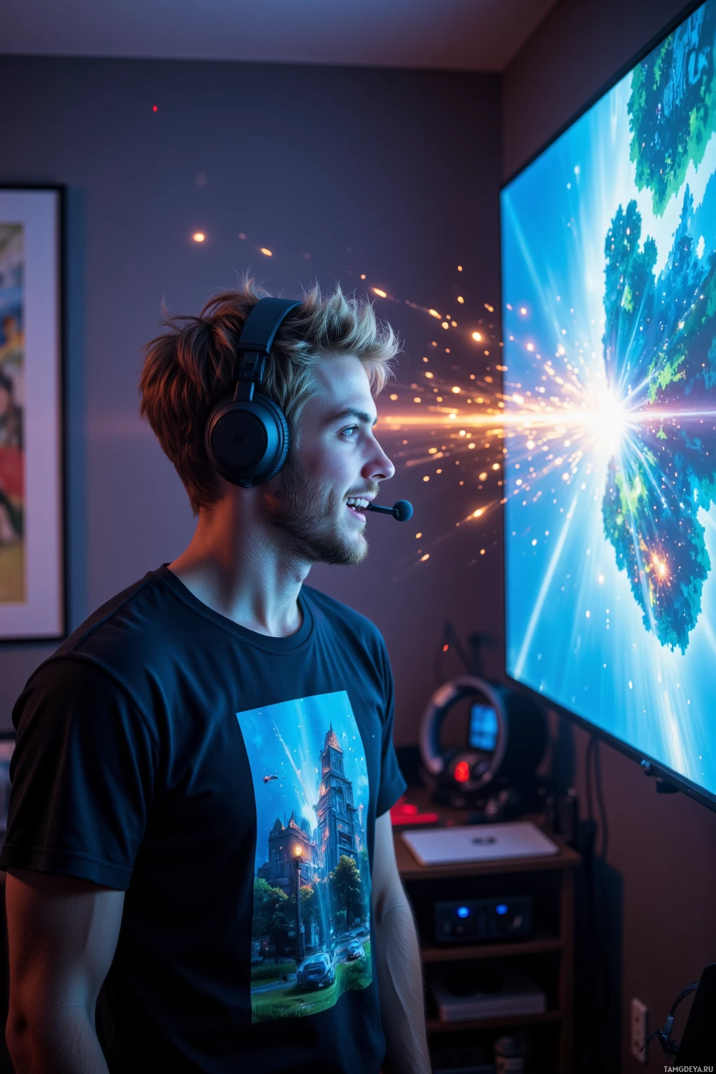 A person wearing headphones stands in front of a large screen displaying a bright, colorful scene.