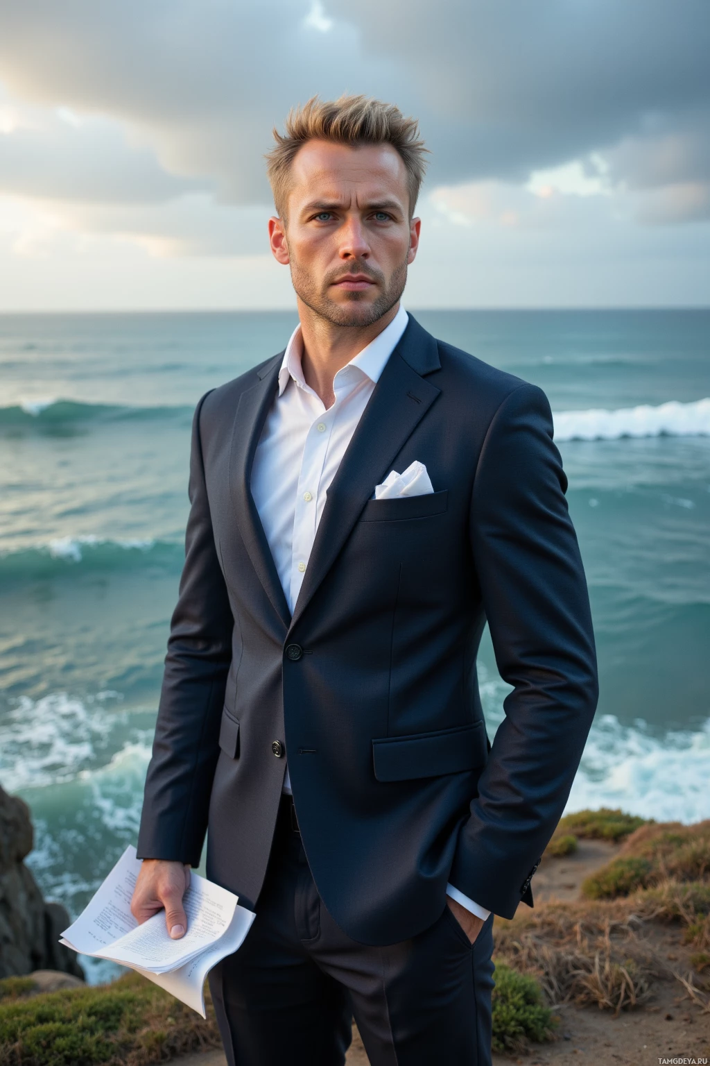 A man in a suit stands on a cliff overlooking the ocean, holding a piece of paper.