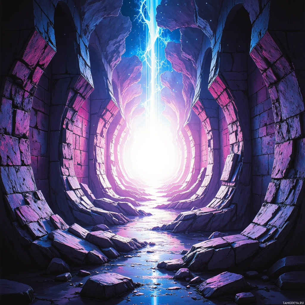 A mystical, glowing tunnel with purple and blue hues leads to a bright light at the end.