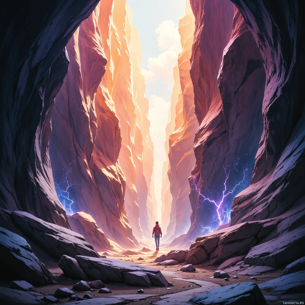 A lone figure stands at the entrance of a narrow canyon, with towering rock walls and a bright sky above.