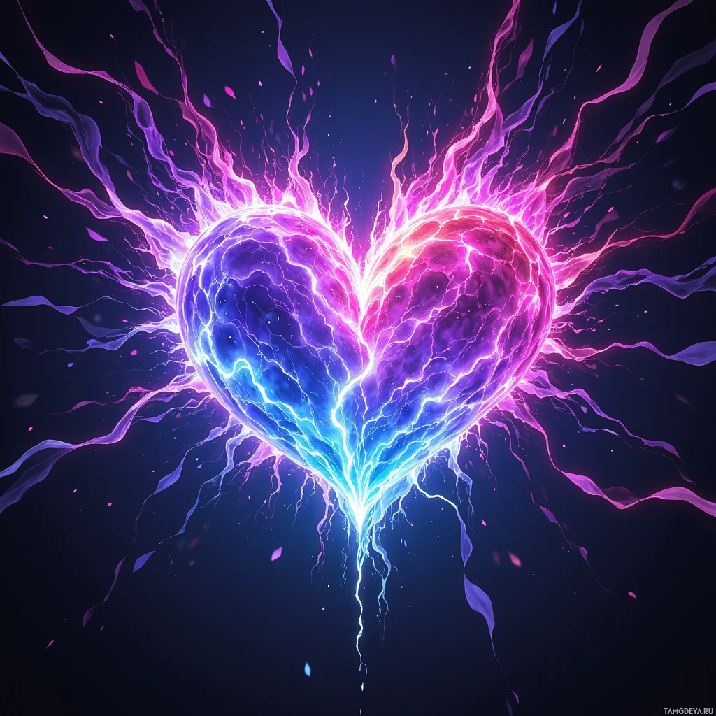 A vibrant, glowing heart with electric energy lines and flowing particles against a dark background.
