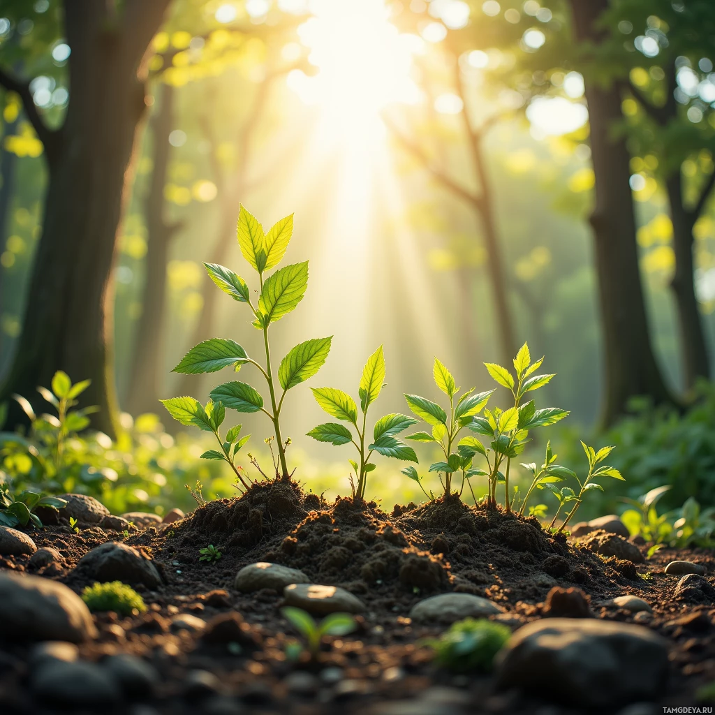 A young plant grows in soil surrounded by rocks, with sunlight filtering through trees in the background.