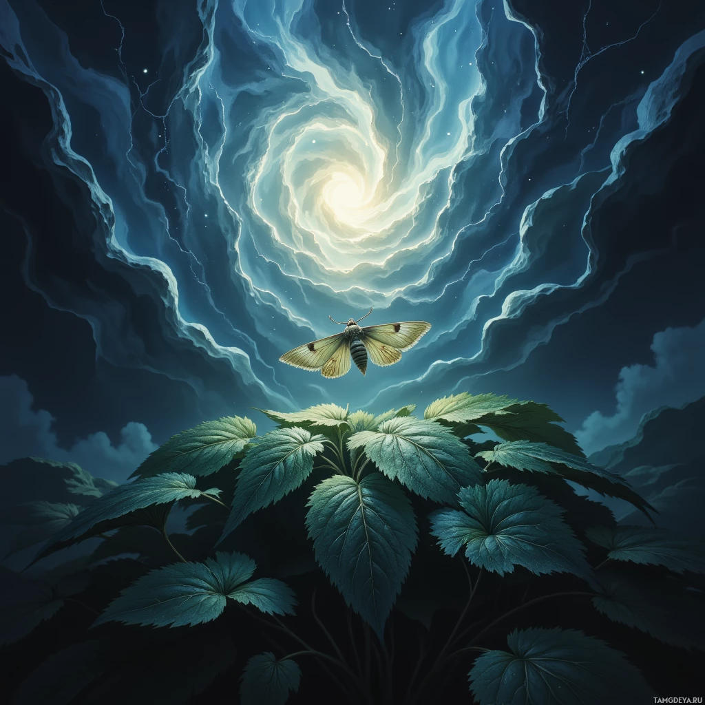 A butterfly hovers above a plant against a swirling, ethereal sky.