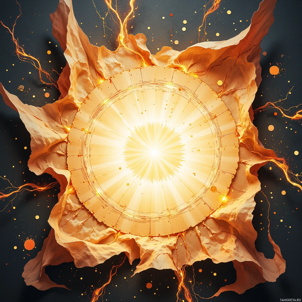 A glowing, radiant circular pattern with fiery tendrils and particles against a dark background.