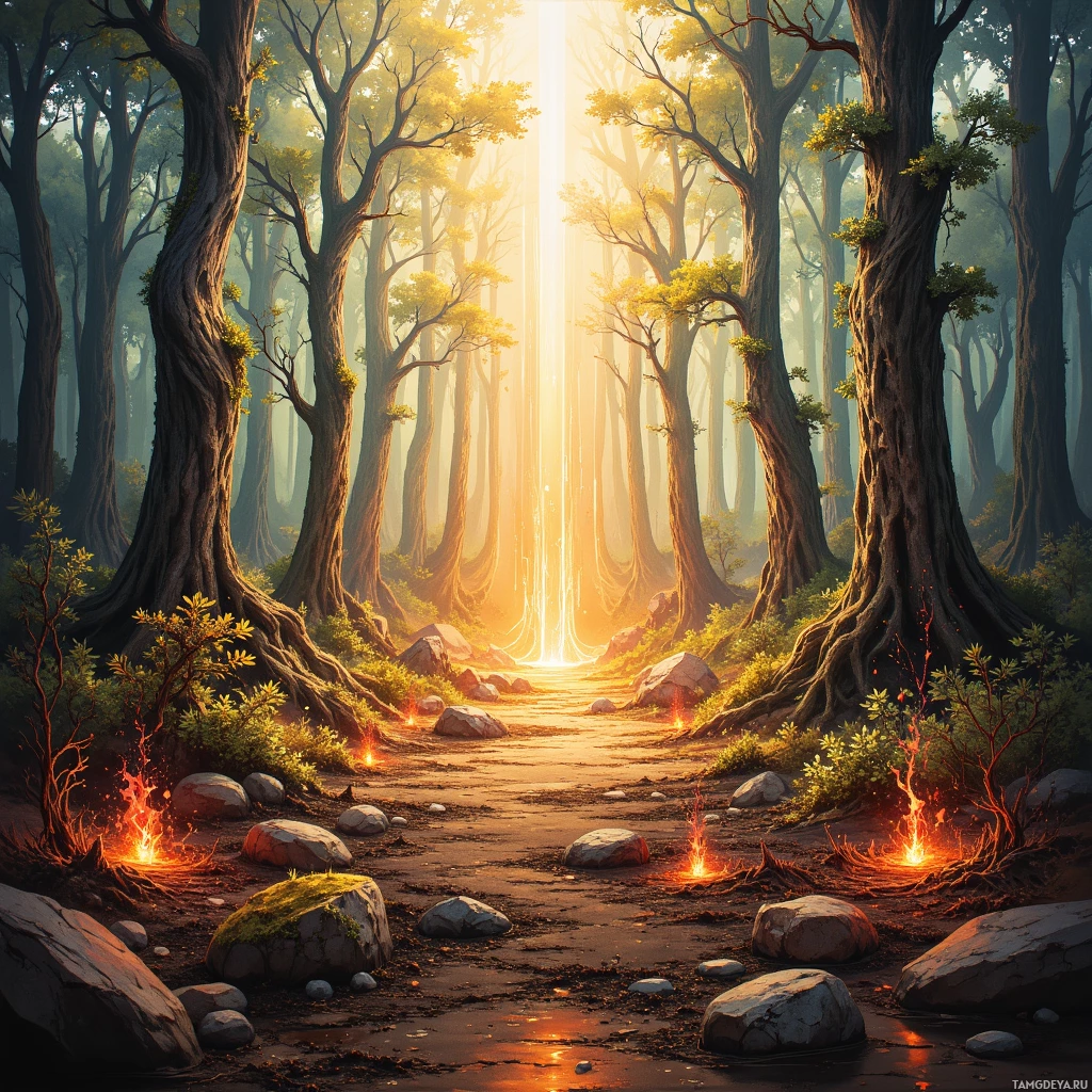 A serene forest scene with tall trees, sunlight streaming through, and small fires burning on the ground.