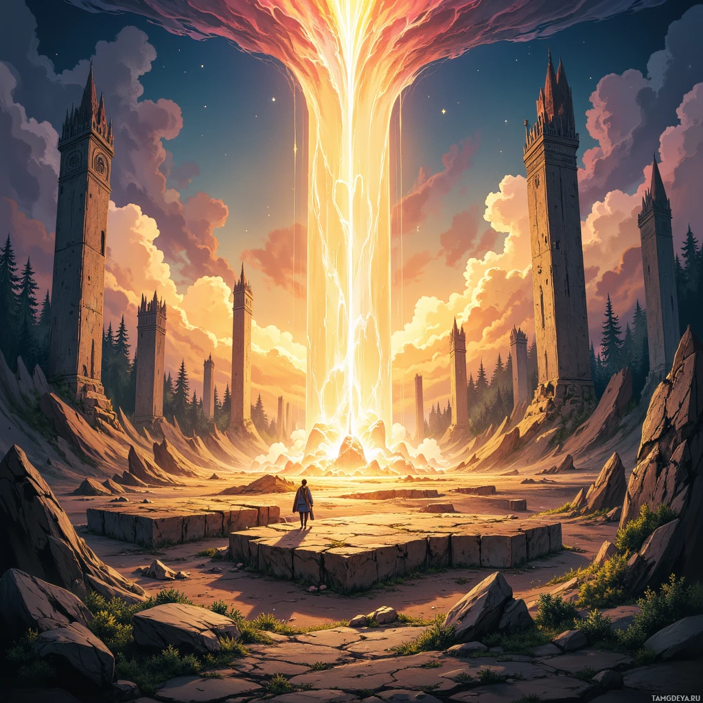 A lone figure stands before a glowing portal amidst ancient stone towers and a dramatic sky.