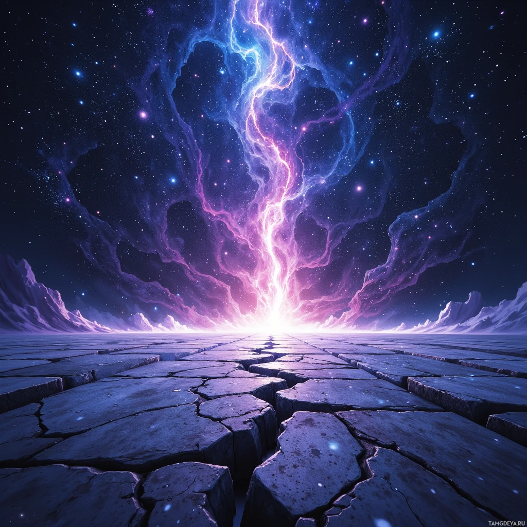 A cosmic landscape featuring a glowing, ethereal light source and a cracked, icy ground.