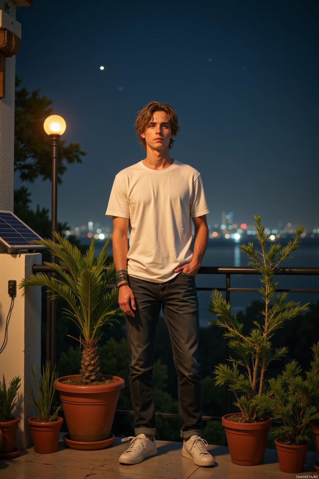 A young man stands on a balcony at night, wearing a white t-shirt and jeans, with potted plants and a cityscape in the background.