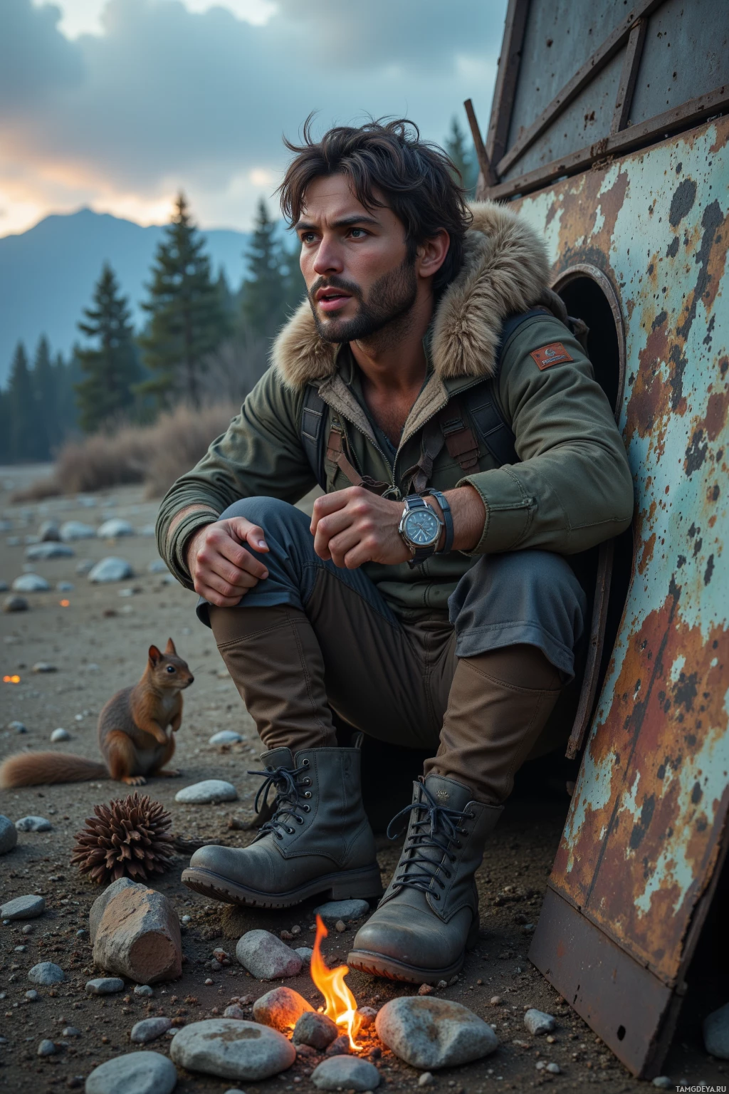 A man in outdoor gear sits near a campfire with a squirrel nearby.