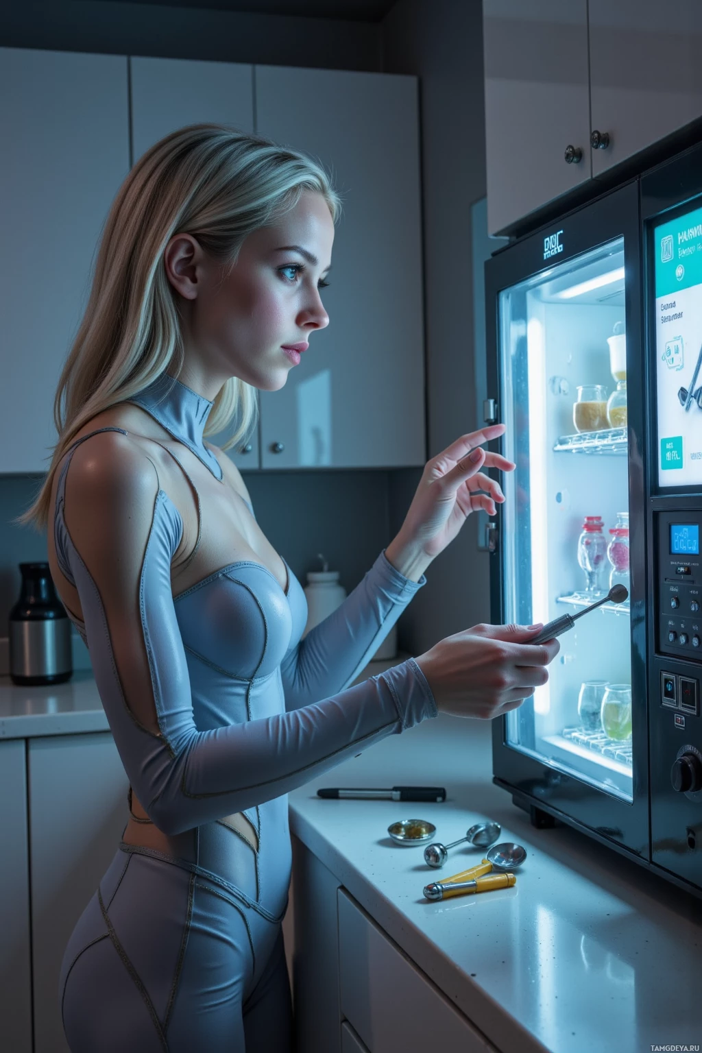 A woman in a futuristic outfit interacts with a high-tech refrigerator in a modern kitchen.
