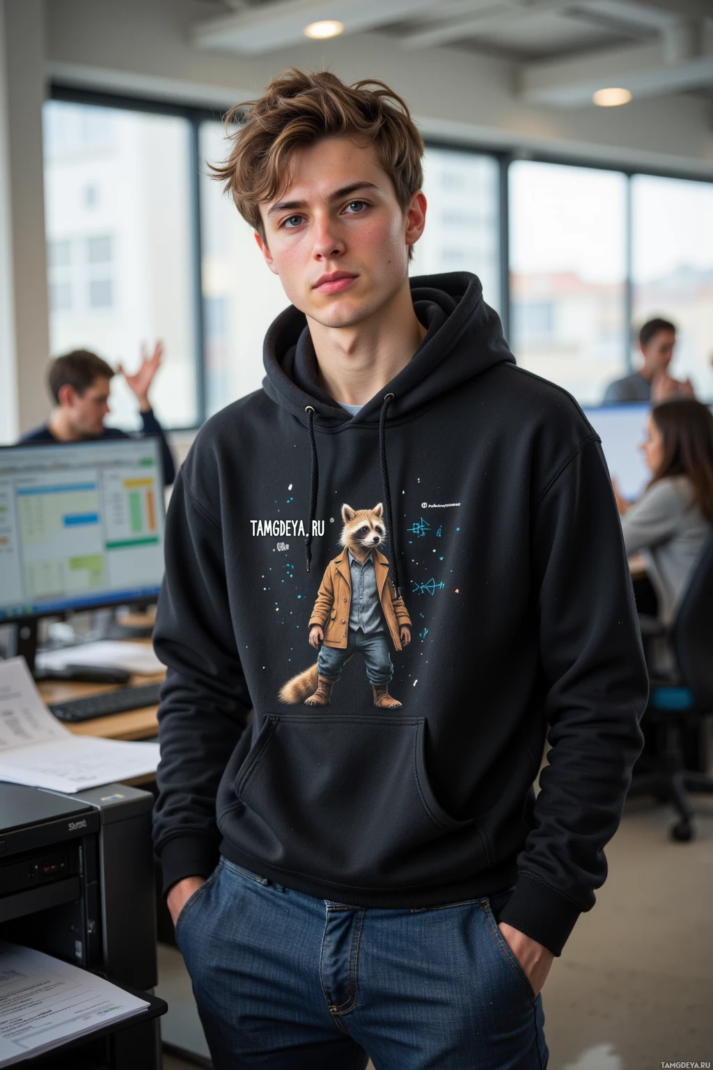 A young man stands in an office environment wearing a black hoodie with a raccoon graphic and text.
