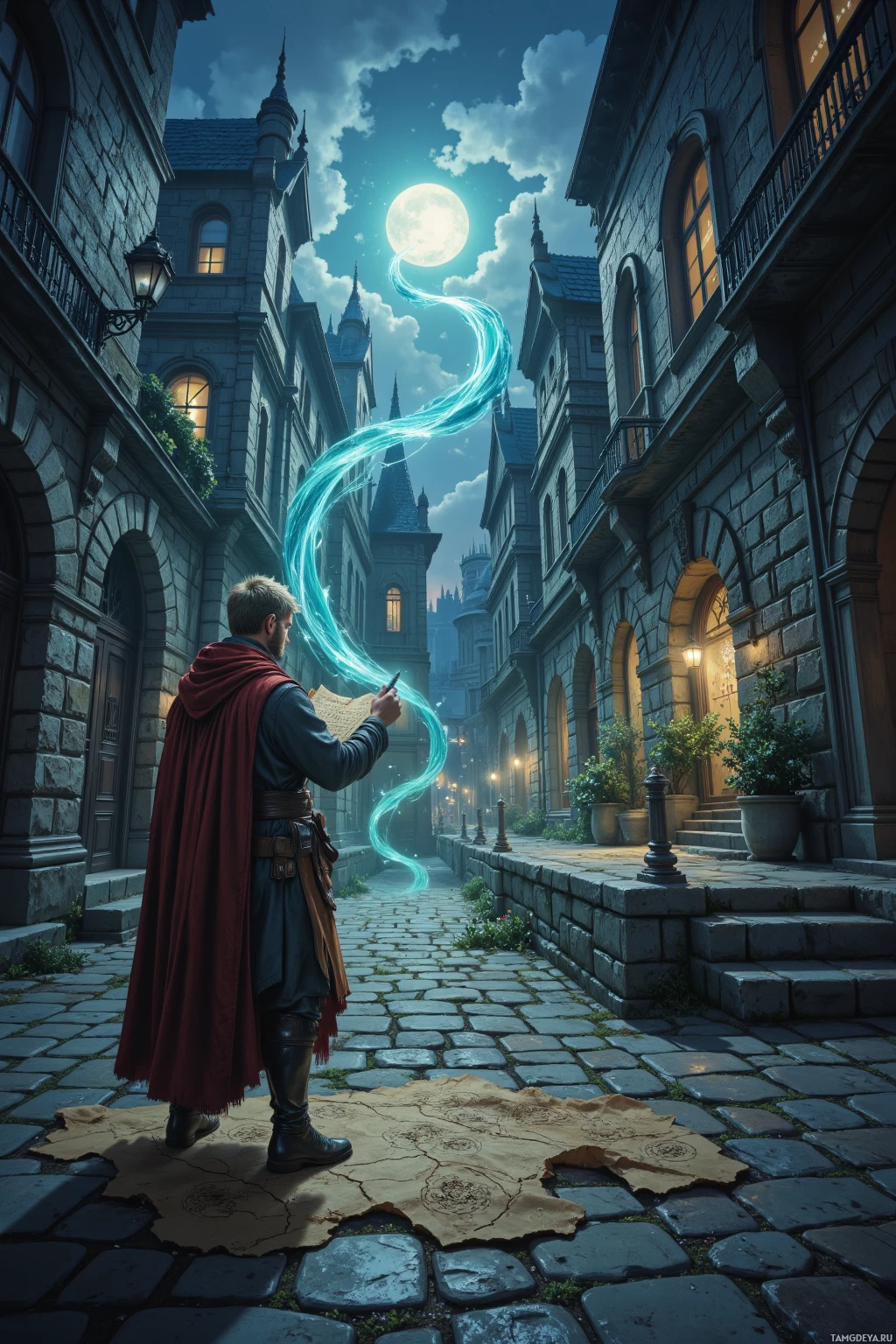A man in a red cloak stands in a cobblestone alley, holding a glowing map, with a grand castle in the background under a full moon.
