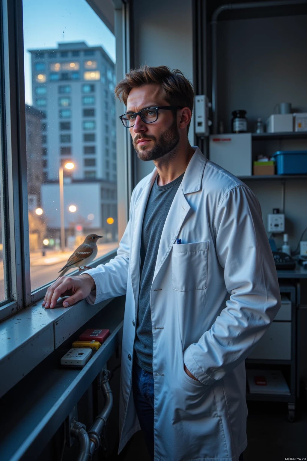 A man in a lab coat stands by a window, looking out at a cityscape.