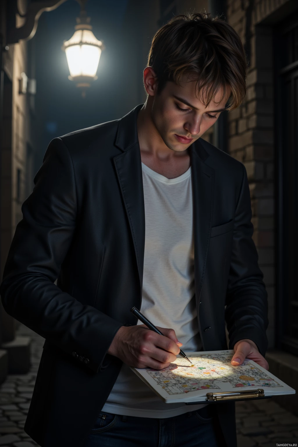 A man in a suit jacket and jeans is sketching on a clipboard under streetlight.