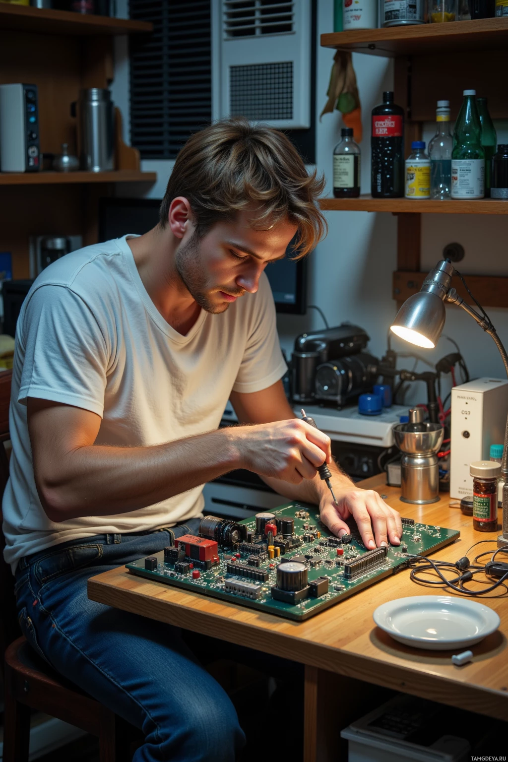A person is working on a circuit board at a desk in a workshop setting.