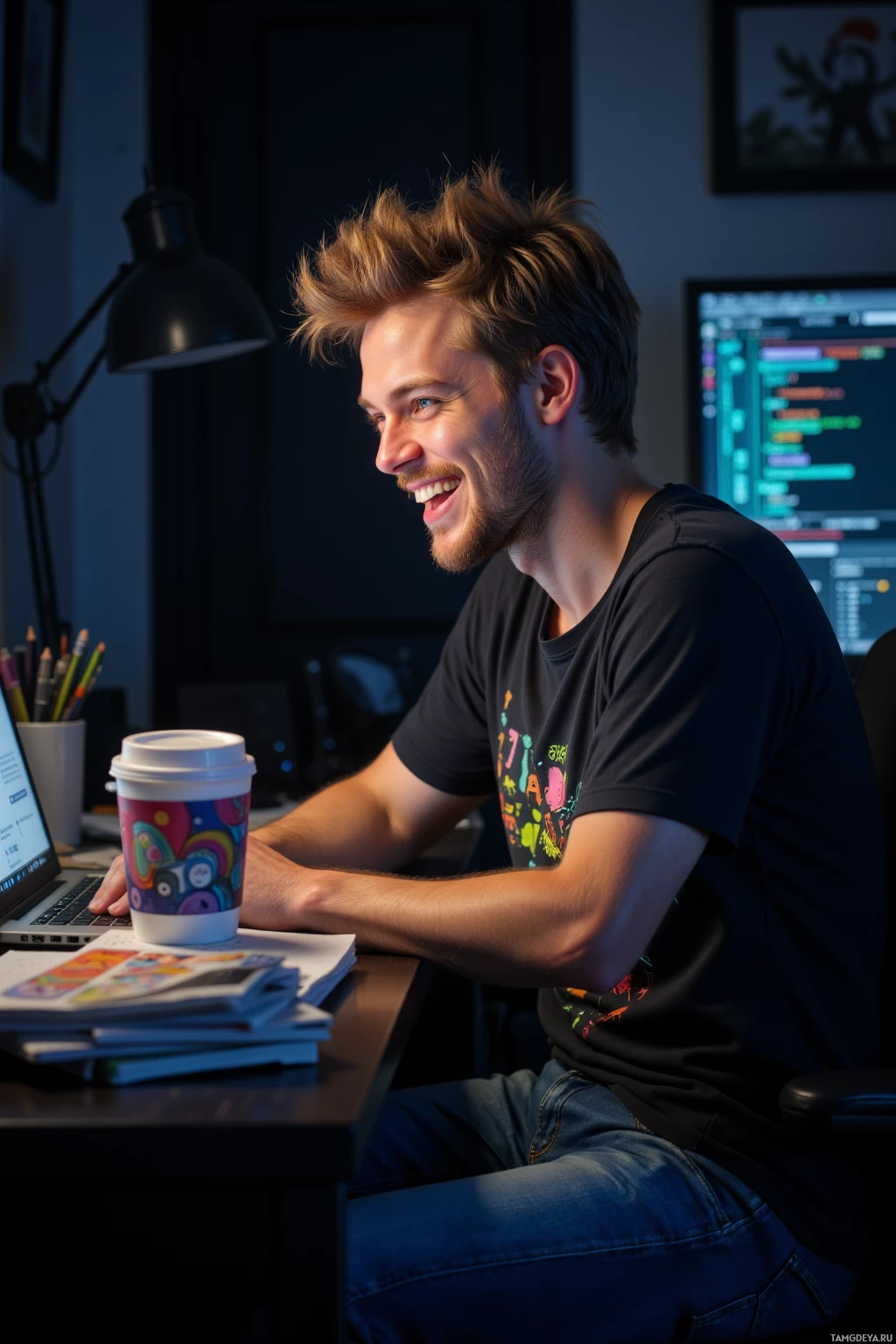 A person is sitting at a desk with a laptop, a coffee cup, and some papers, smiling while looking at the screen.